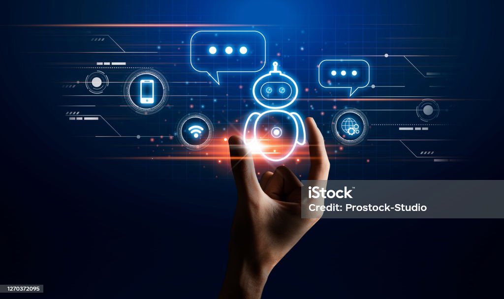 Virtual Assistant. Hand touching chatbot robot icon on digital screen, using modern technologies, creative design, panorama